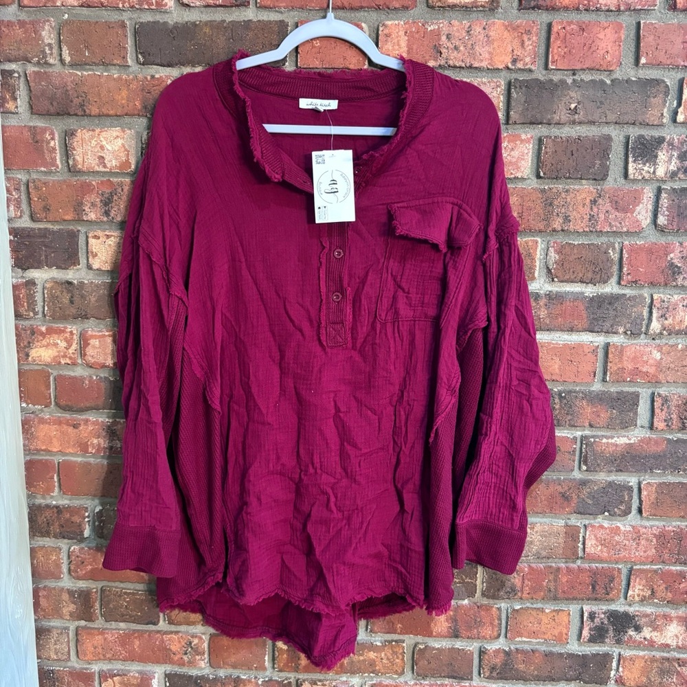 NWT White Birch womens thermal waffle knit gauzy henley top burgundy XL
